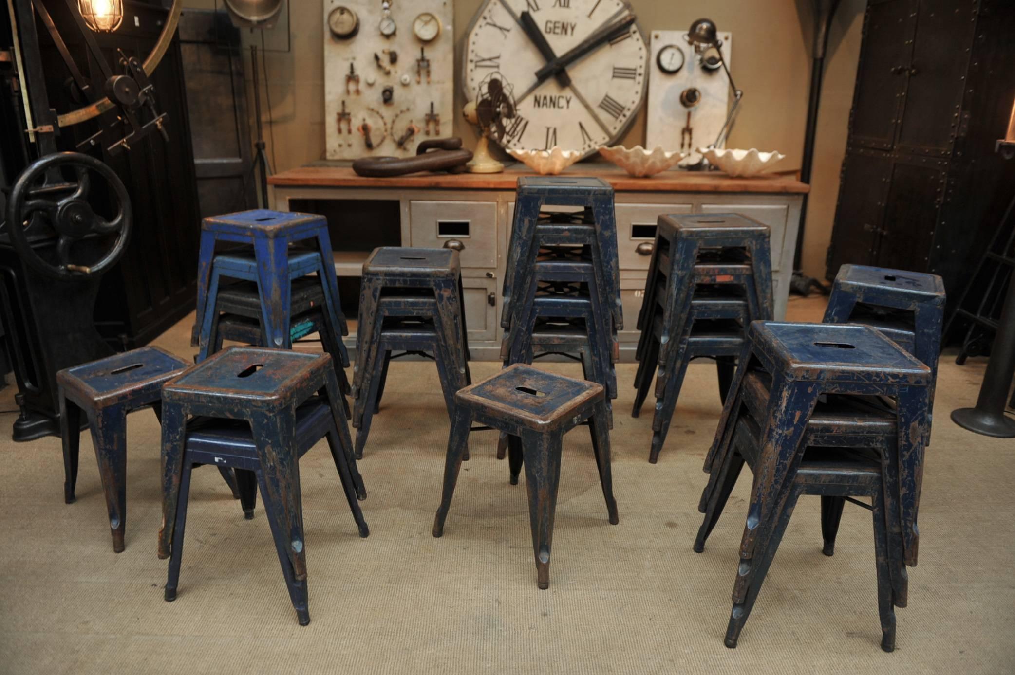 Vintage Air French Army Old Blue Iron Tolix Stools, 1950s 2