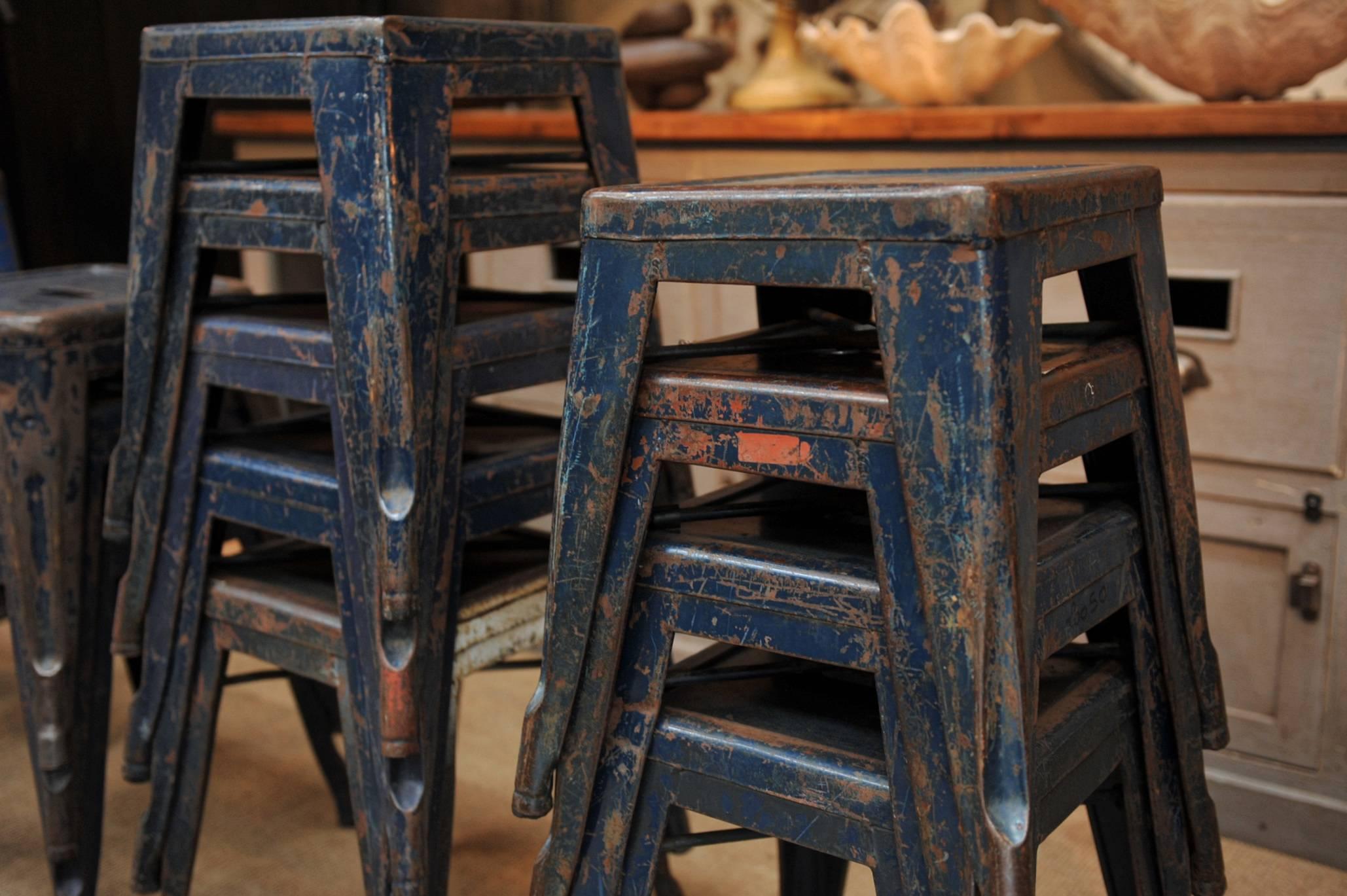Vintage Air French Army Old Blue Iron Tolix Stools, 1950s 4