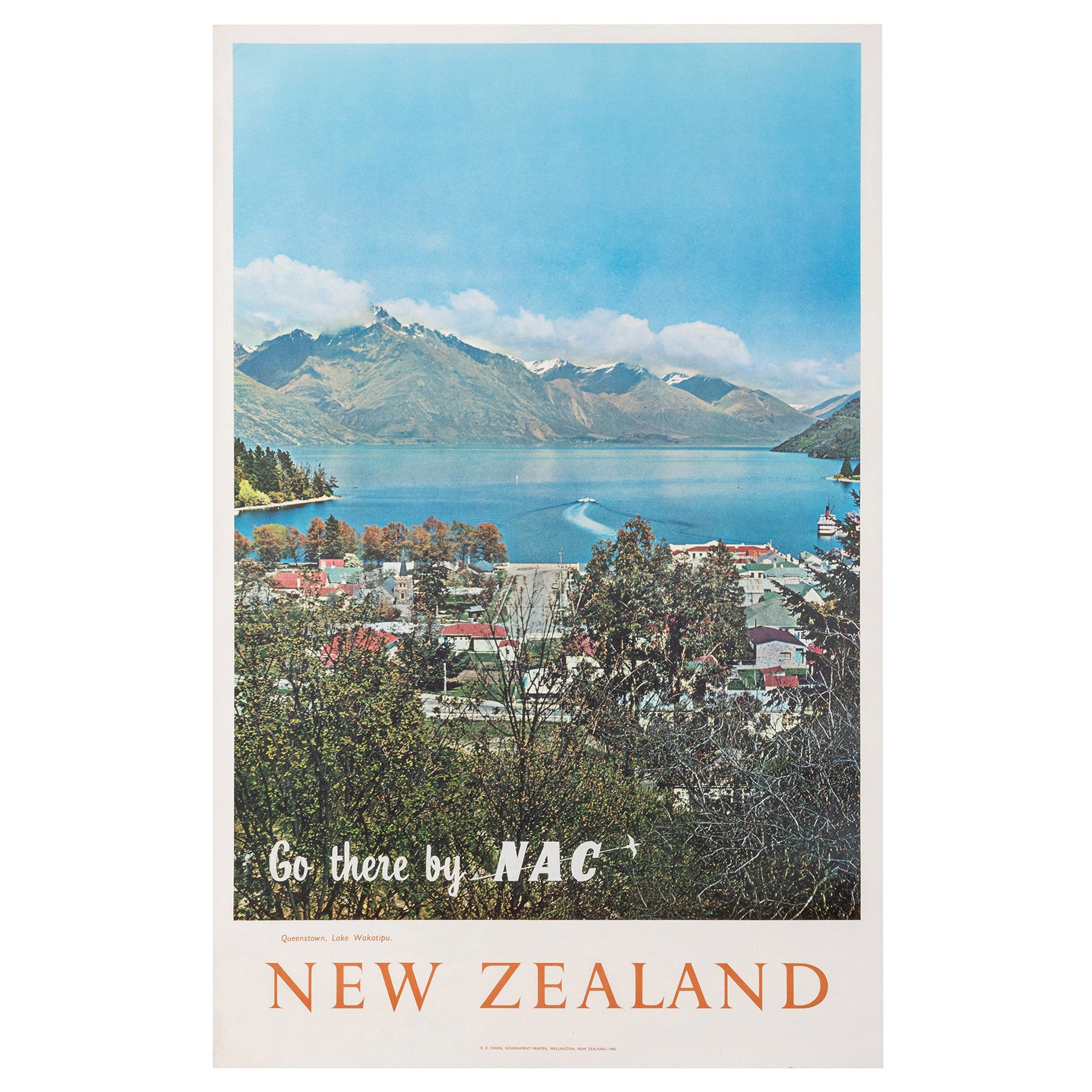 Affiche vintage d'une compagnie aérienne représentant le lac Wakatipu à Queenstown, Nouvelle-Zélande, vers 1960 en vente