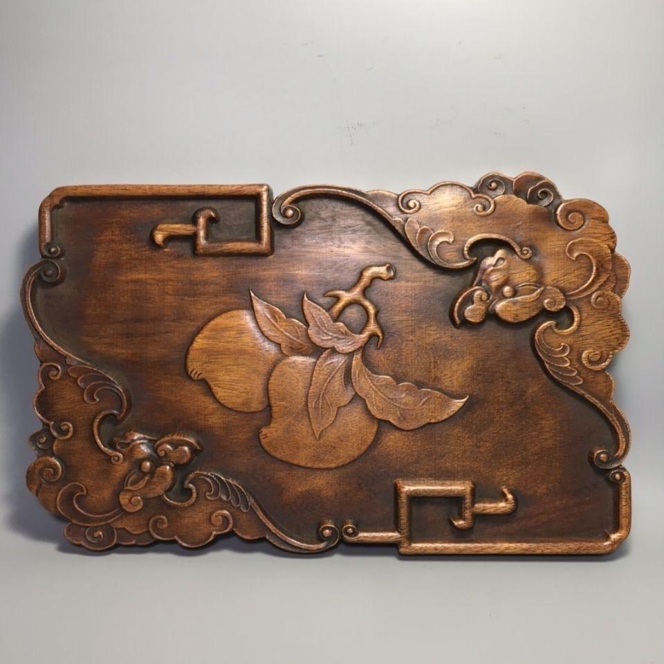 Vintage Aisan Wooden Carving Longevity Bats and Peaches Tea Plaque For Sale 1