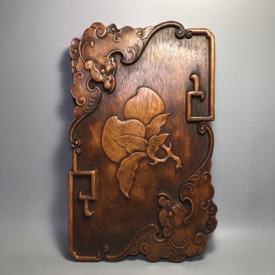 Vintage Aisan Wooden Carving Longevity Bats and Peaches Tea Plaque For Sale 3