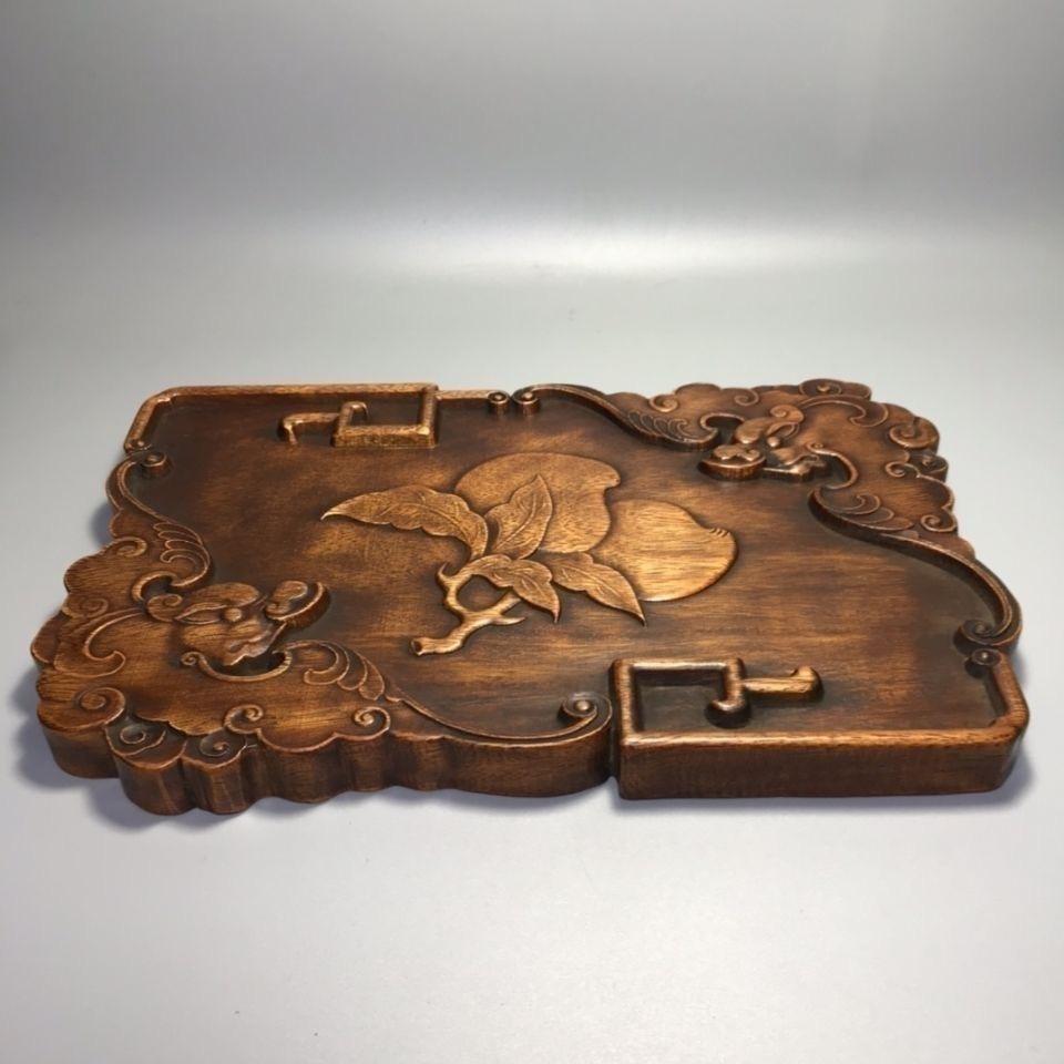 Vintage Aisan Wooden Carving Longevity Bats and Peaches Tea Plaque For Sale 5