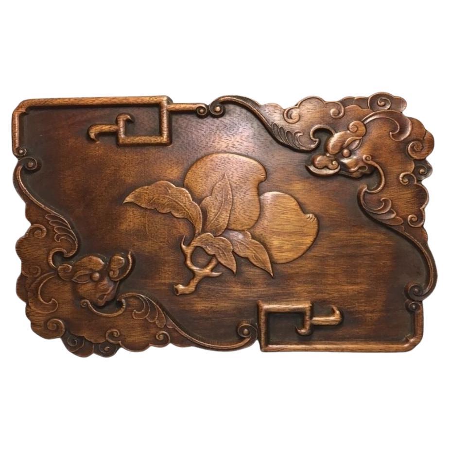 Vintage Aisan Wooden Carving Longevity Bats and Peaches Tea Plaque For Sale