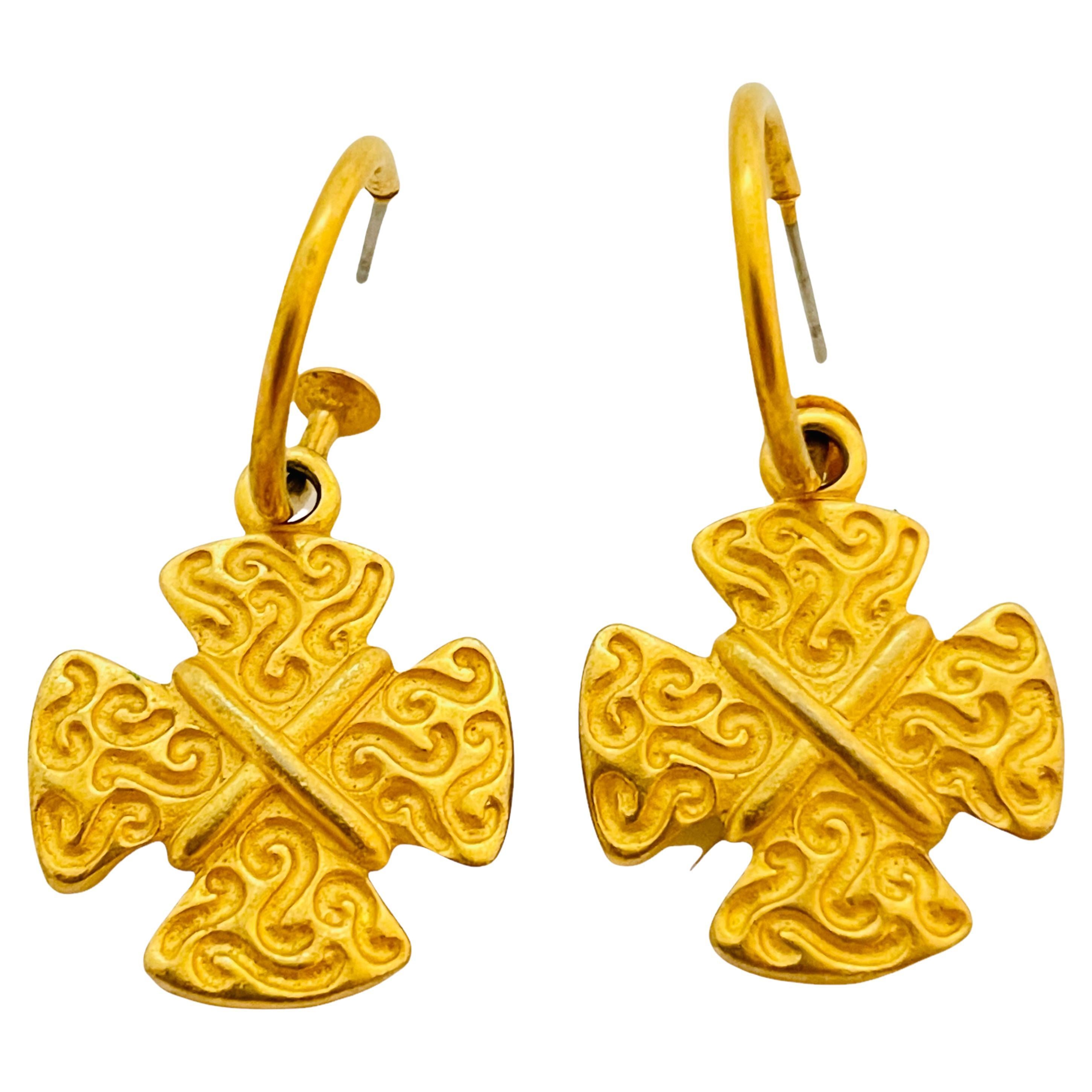 Vintage AK ANNE KLEIN matte gold maltese cross dangle designer earrings