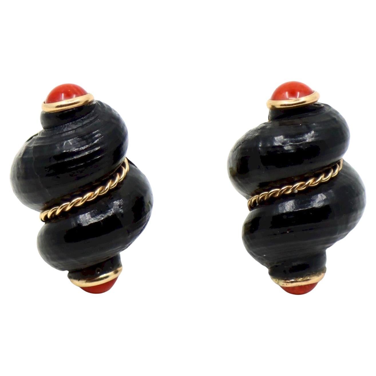 Vintage A.K Kolelni Gold Tone Black 
Red Conch Earrings