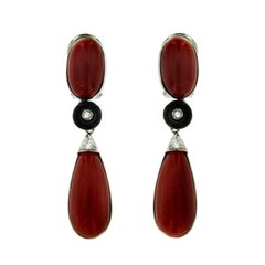 Vintage Aka Japanese Coral Diamond Onyx Gold Drop Earrings