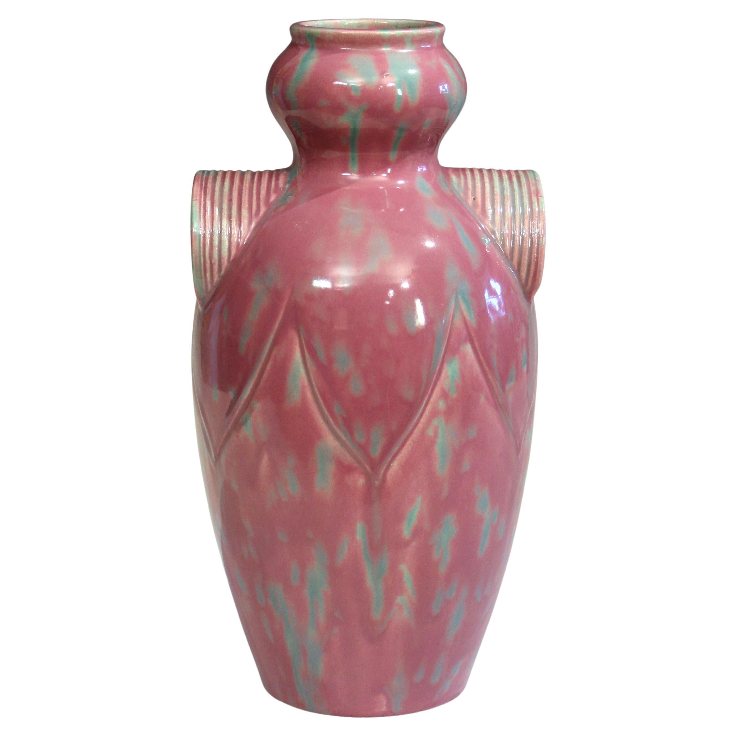 Vintage Awaji Pottery Vaso Art Deco Rosa Flambe Chevron Firmato