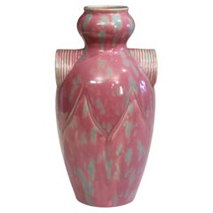 Vintage Akashi-Awaji Pottery Art Deco Rosa Flambe Chevron Vase signiert