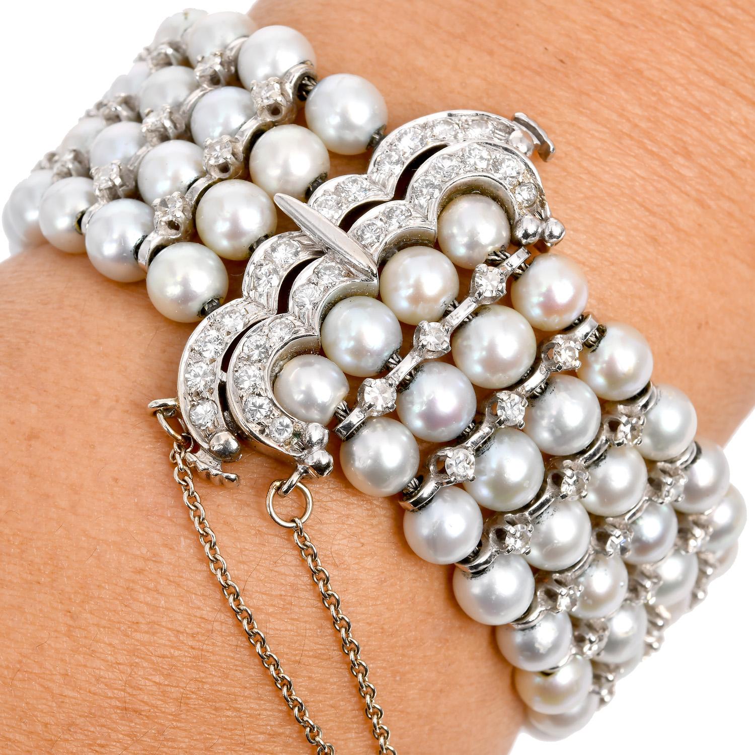 Retro Vintage Akoya pearl 3.00 Carats Diamond Gold Wrap Bracelet  For Sale