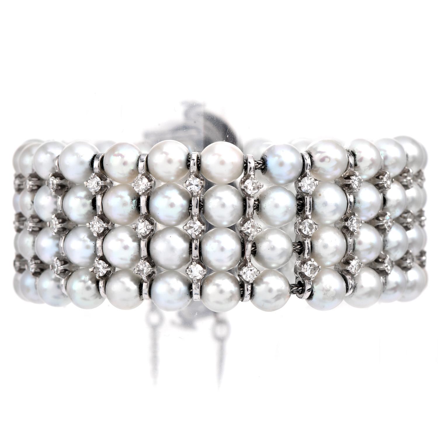 Round Cut Vintage Akoya pearl 3.00 Carats Diamond Gold Wrap Bracelet  For Sale