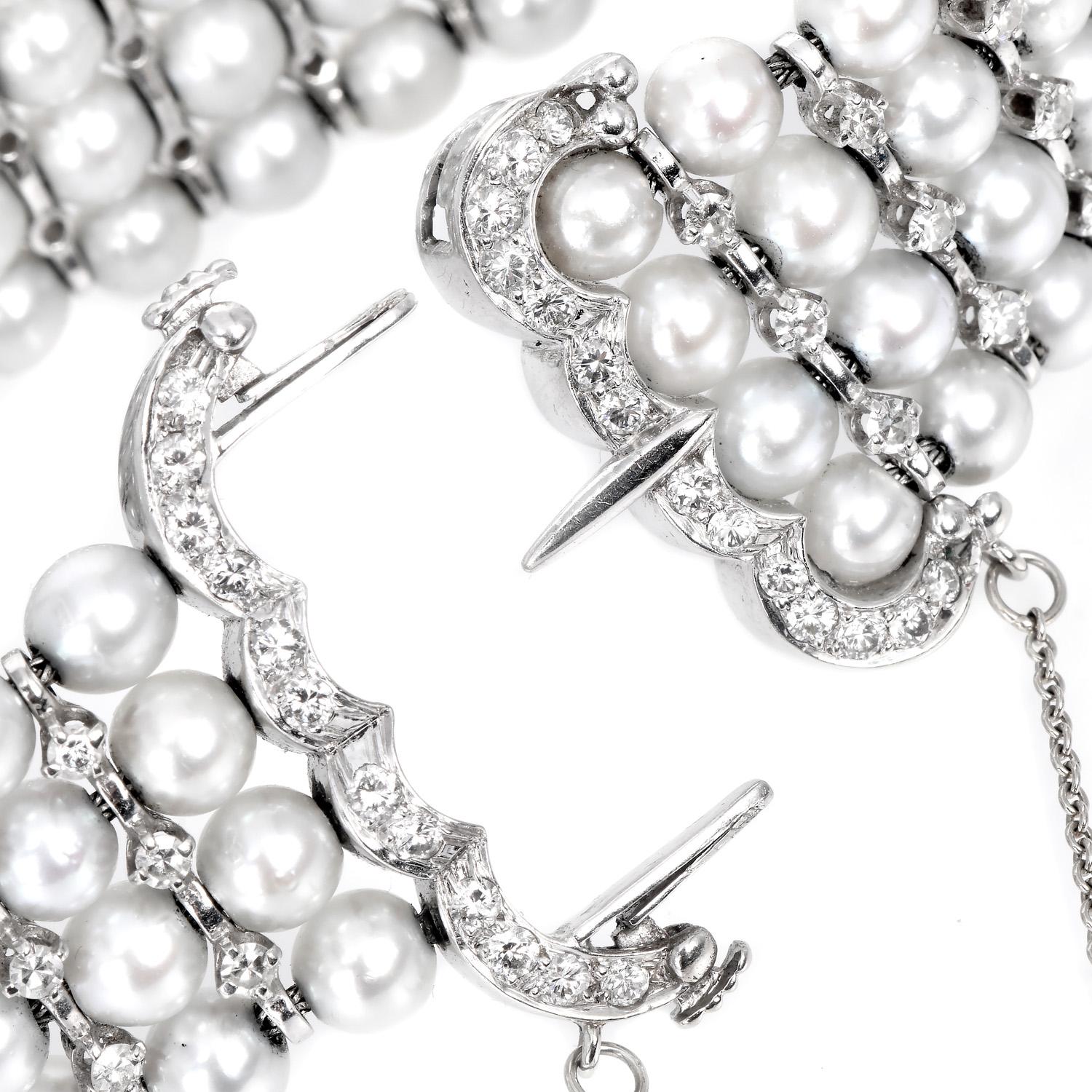 Women's Vintage Akoya pearl 3.00 Carats Diamond Gold Wrap Bracelet  For Sale