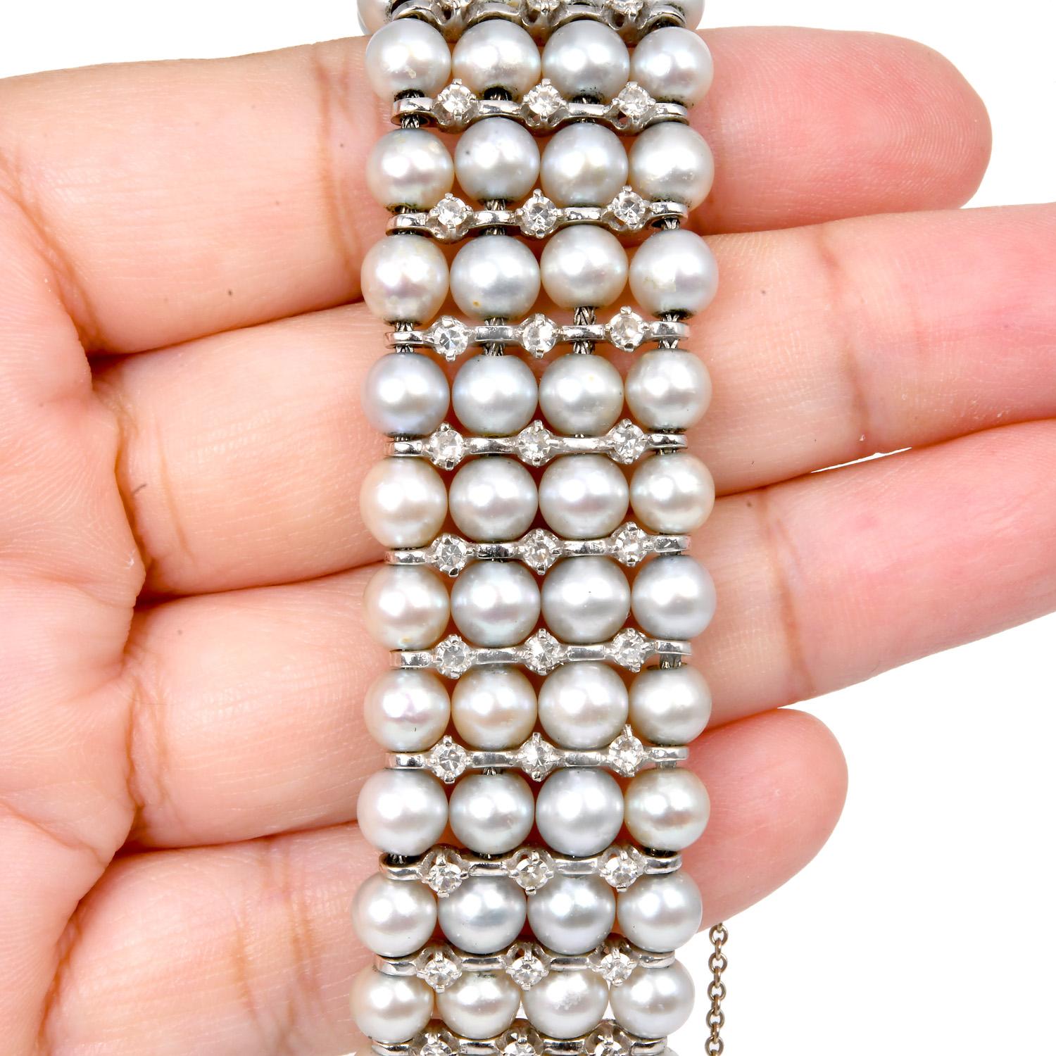 Vintage Akoya pearl 3.00 Carats Diamond Gold Wrap Bracelet  For Sale 1