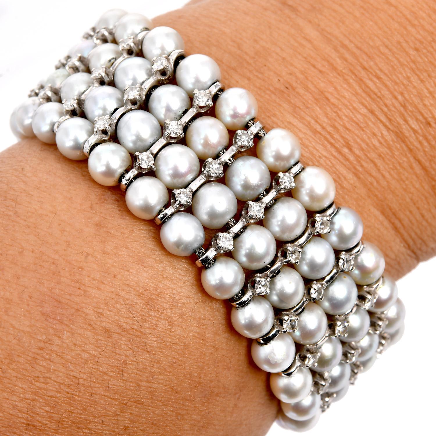 Vintage Akoya pearl 3.00 Carats Diamond Gold Wrap Bracelet  For Sale 2