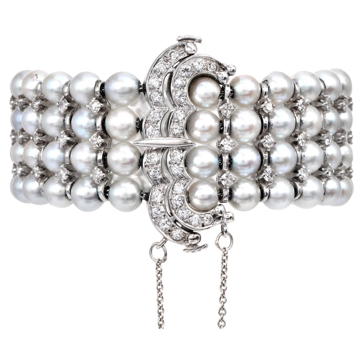 Vintage Akoya pearl 3.00 Carats Diamond Gold Wrap Bracelet  For Sale
