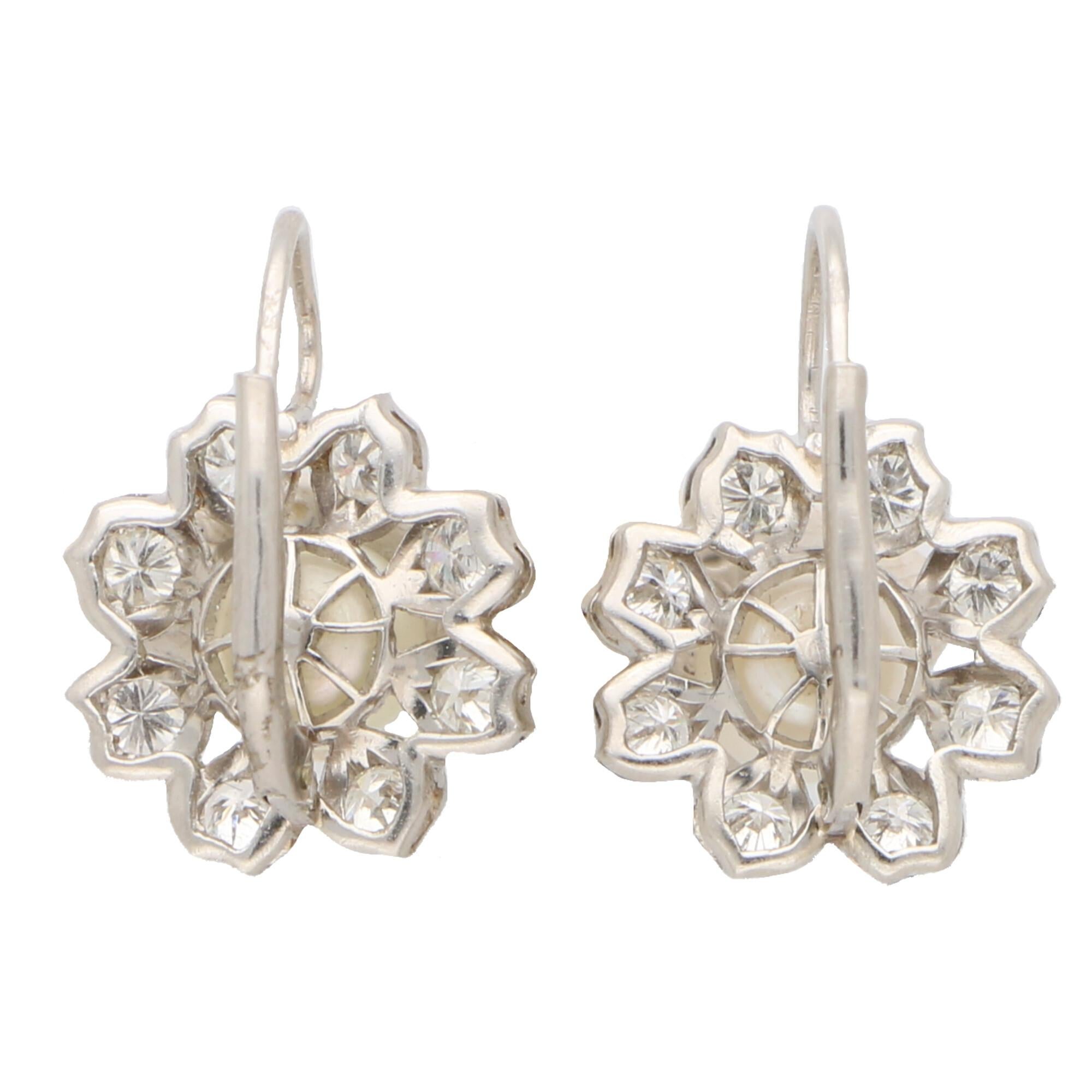 Round Cut Vintage Akoya Pearl and Diamond Cluster Floral Drop Earrings Set in Platinum