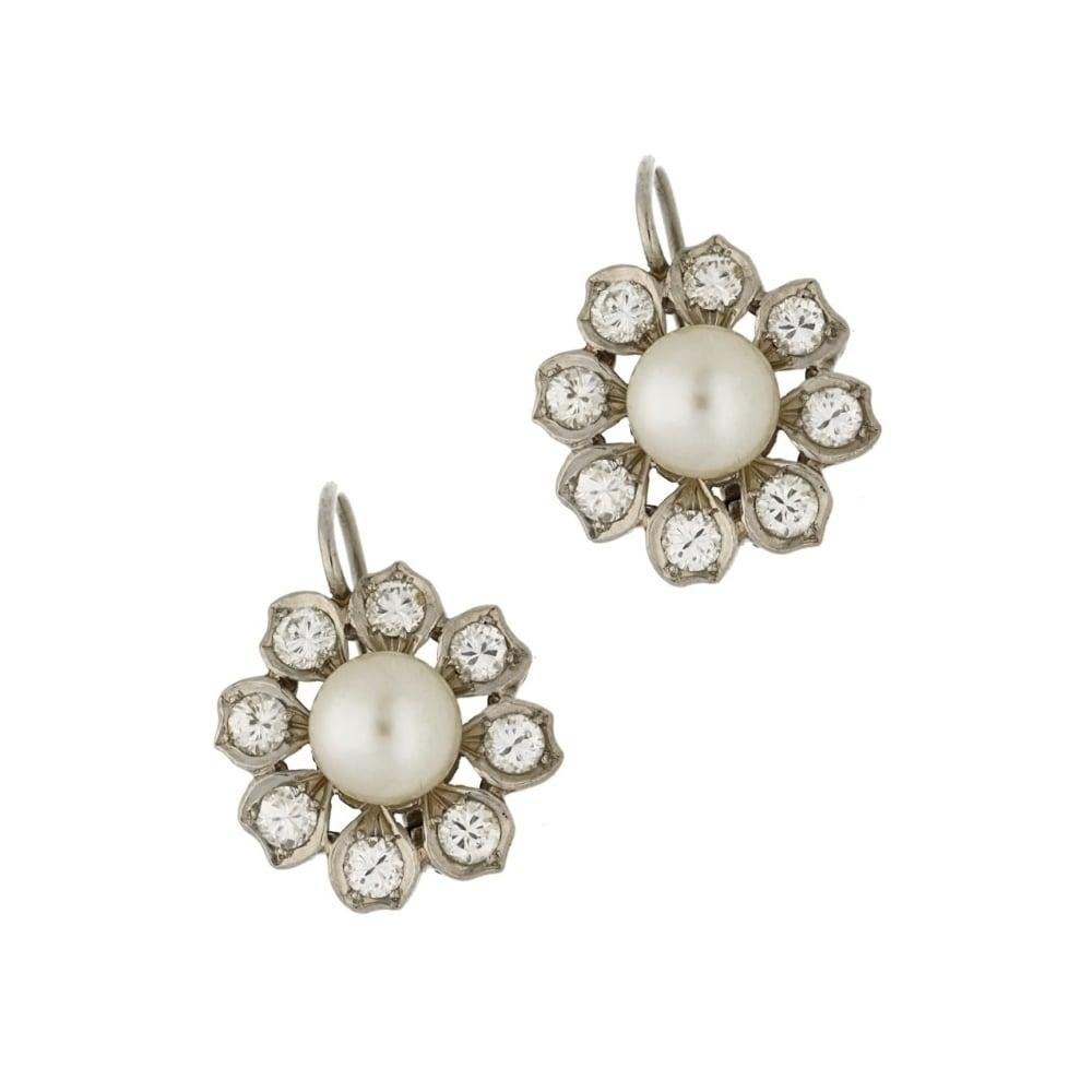 Vintage Akoya Pearl and Diamond Cluster Floral Drop Earrings Set in Platinum In Good Condition In London, GB