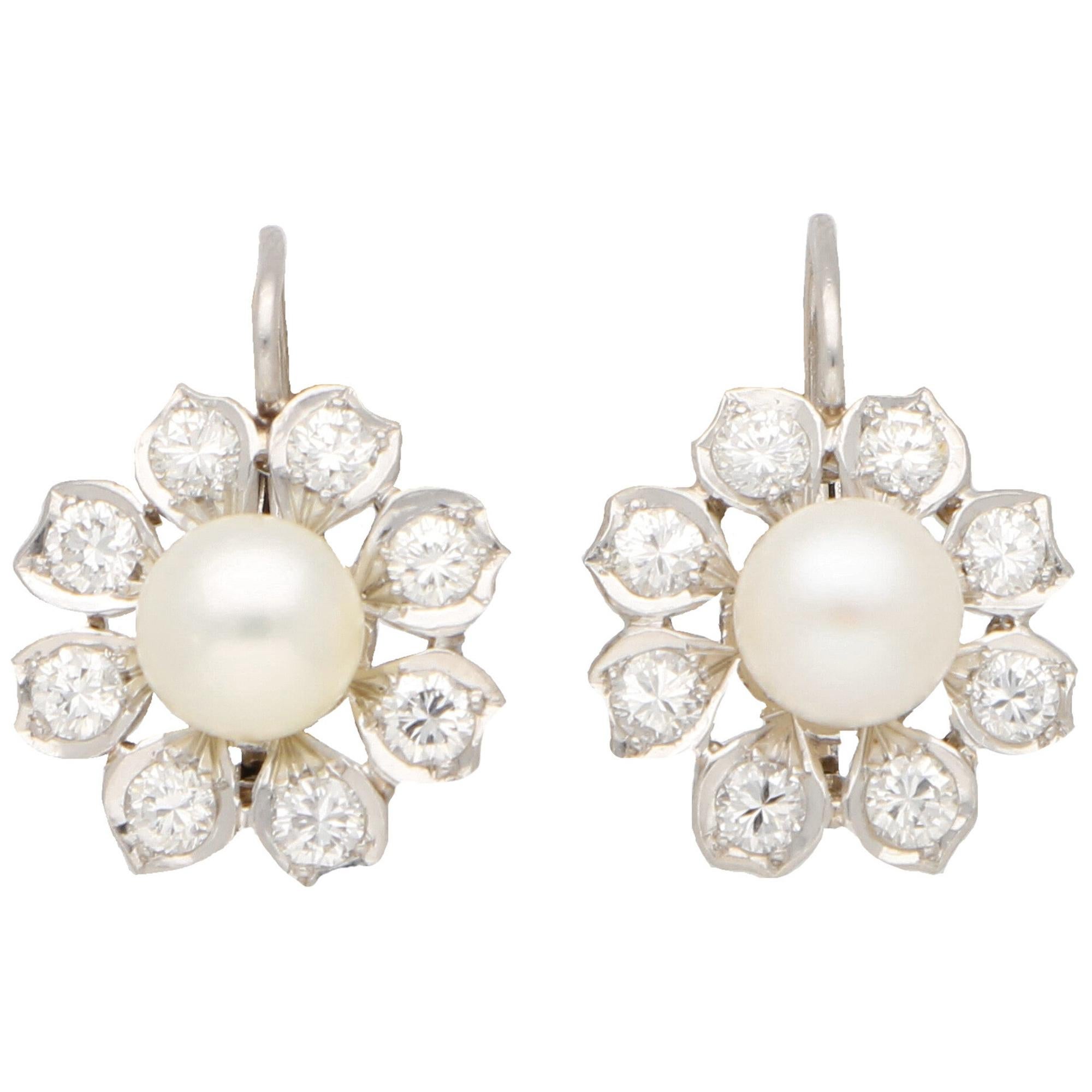 Vintage Akoya Pearl and Diamond Cluster Floral Drop Earrings Set in Platinum