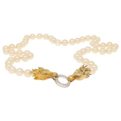 Vintage Akoya Pearl and Diamond Horse Head Necklace in 18k Yellow Gold