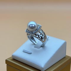 Vintage Akoya Pearl and Diamond Open-Work Ring in 18k White Gold