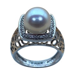 Vintage Akoya Pearl and Diamond Open-Work Ring in 18k White Gold