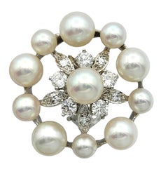Vintage Akoya Pearl & Diamond Cluster Circle Earrings in 14 Karat White Gold
