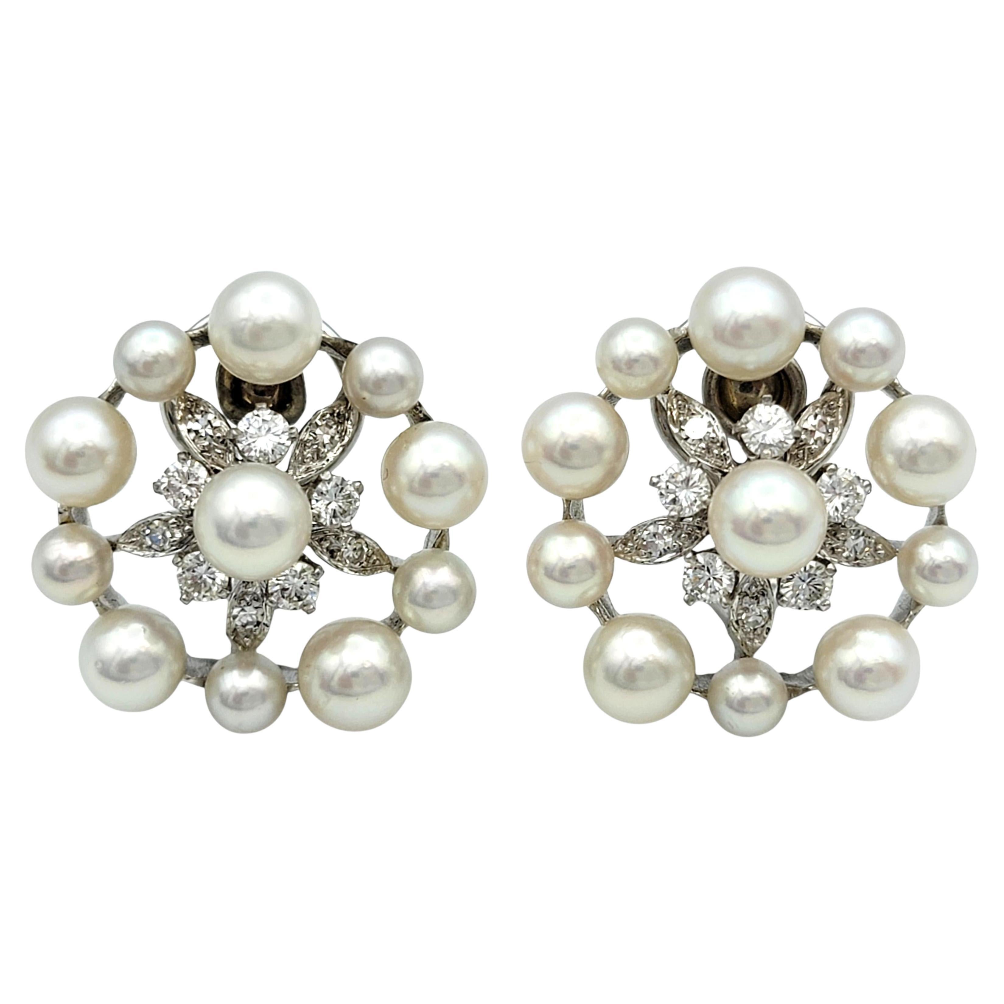 Vintage Akoya Pearl 
Diamond Cluster Circle Earrings in 14 Karat White Gold