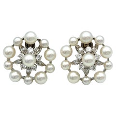 Vintage Akoya Pearl 
Diamond Cluster Circle Earrings in 14 Karat White Gold