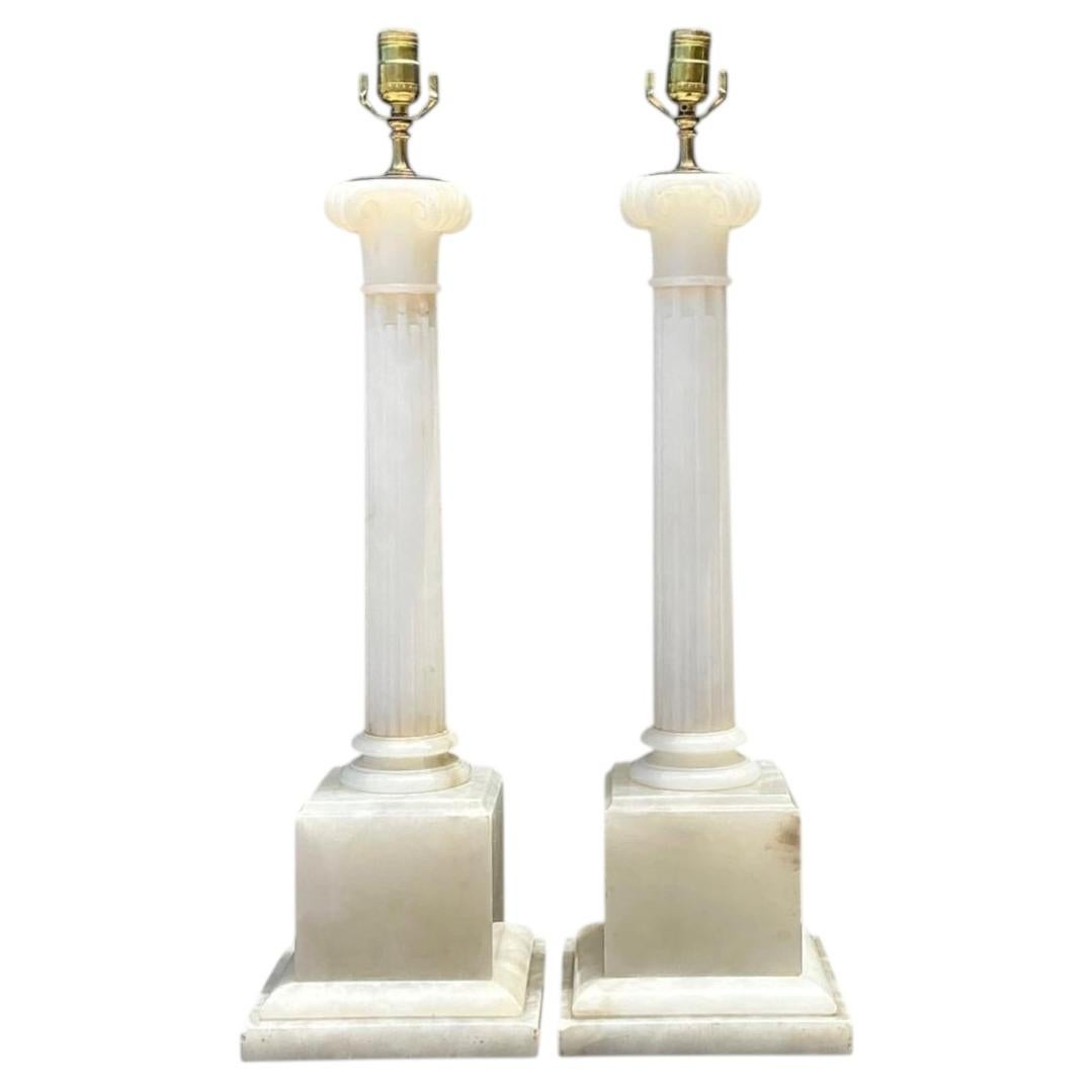 Vintage Alabaster Column Table Lamps - A Pair