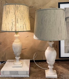 Vintage Alabaster Table Lamps with Original Shades — Pair