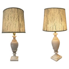 Vintage Alabaster Table Lamps with Original Shades — Pair