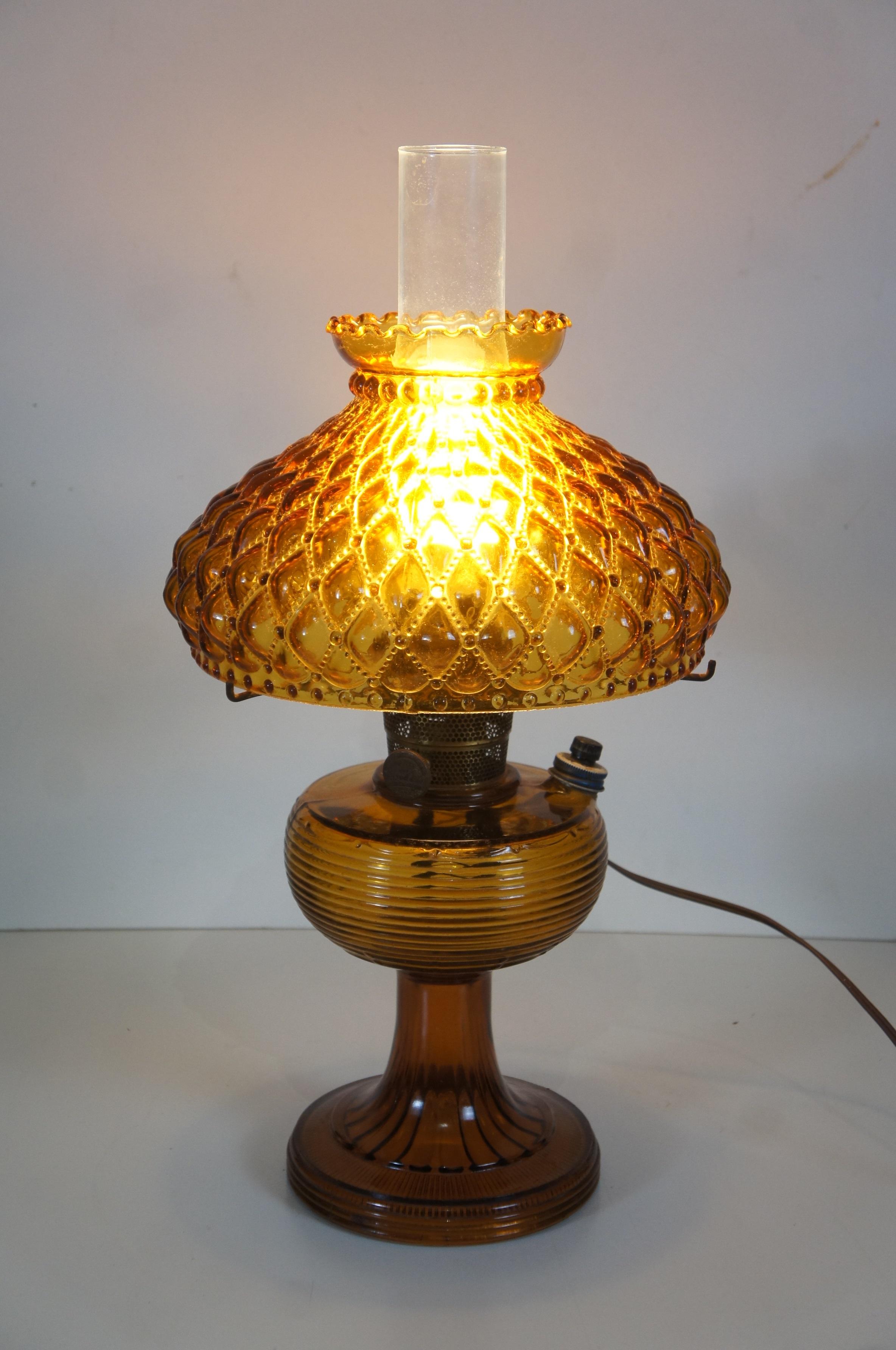 Vintage Aladdin Amber Quilted Glass Hobnail Hurricane Vanity Oil Lamp 21