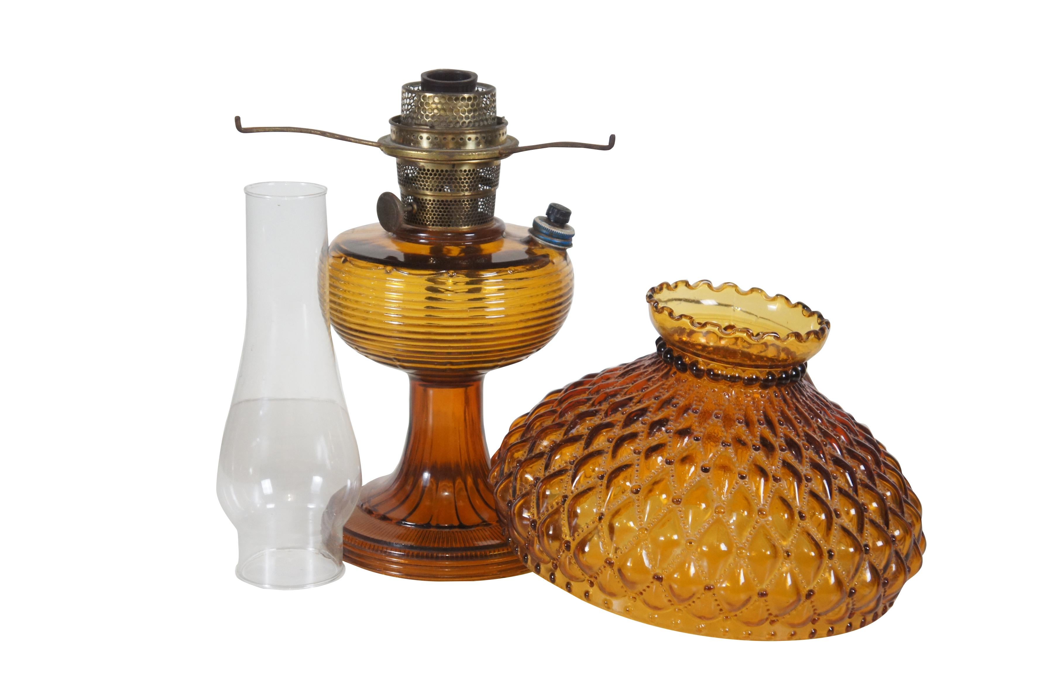 Victorian Vintage Aladdin Amber Quilted Glass Hobnail Hurricane Vanity Oil Lamp 21