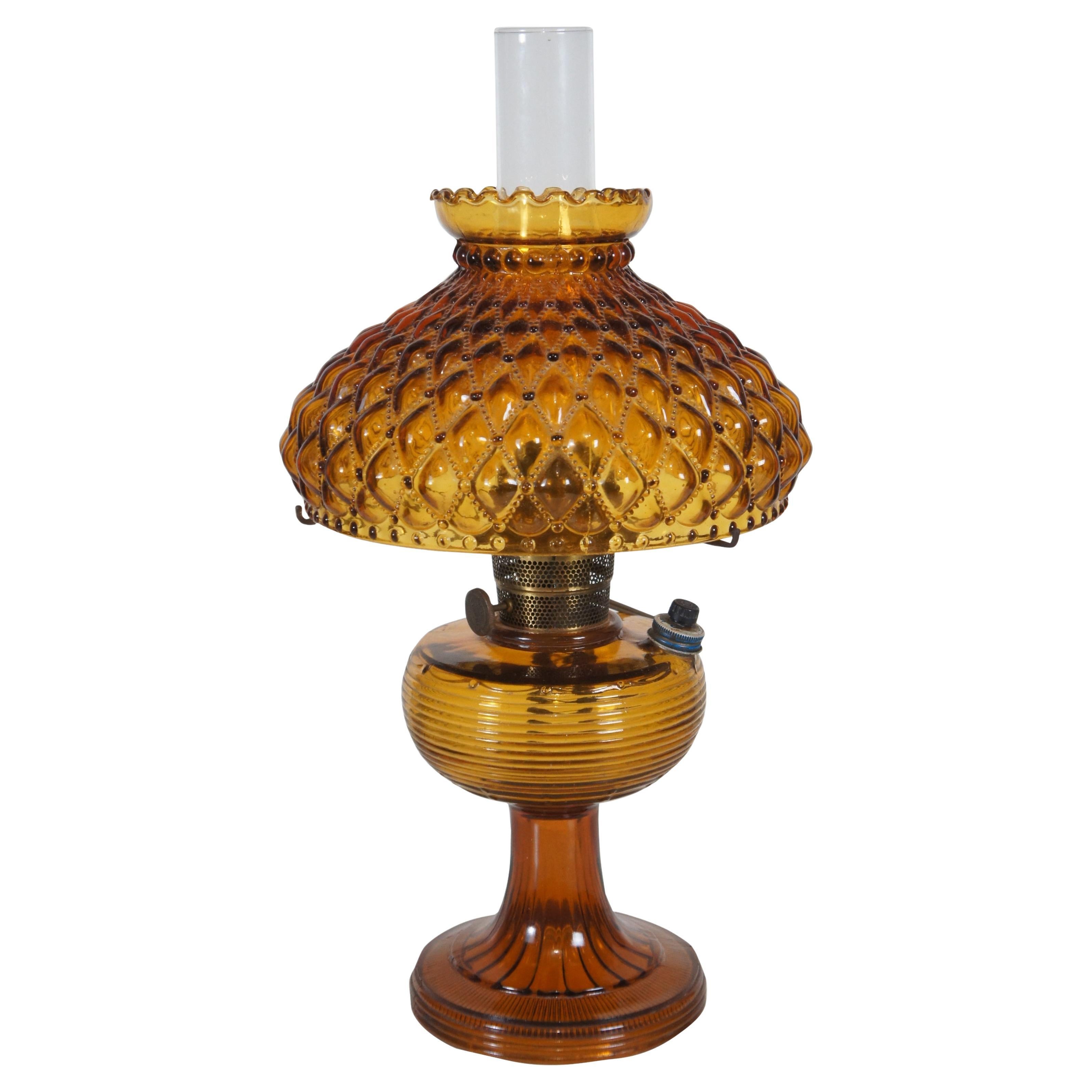Vintage Aladdin Amber Quilted Glass Hobnail Hurricane Vanity Oil Lamp 21" For Sale
