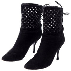 Vintage Alaia Black Suede Boots in Cutout Corset Style Lace Up Booties Size 37.5