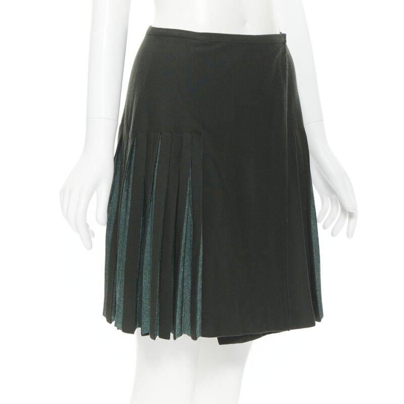 vintage ALAIA dark green wool blend pleated hem wrap flared skirt FR40 M Negro en venta