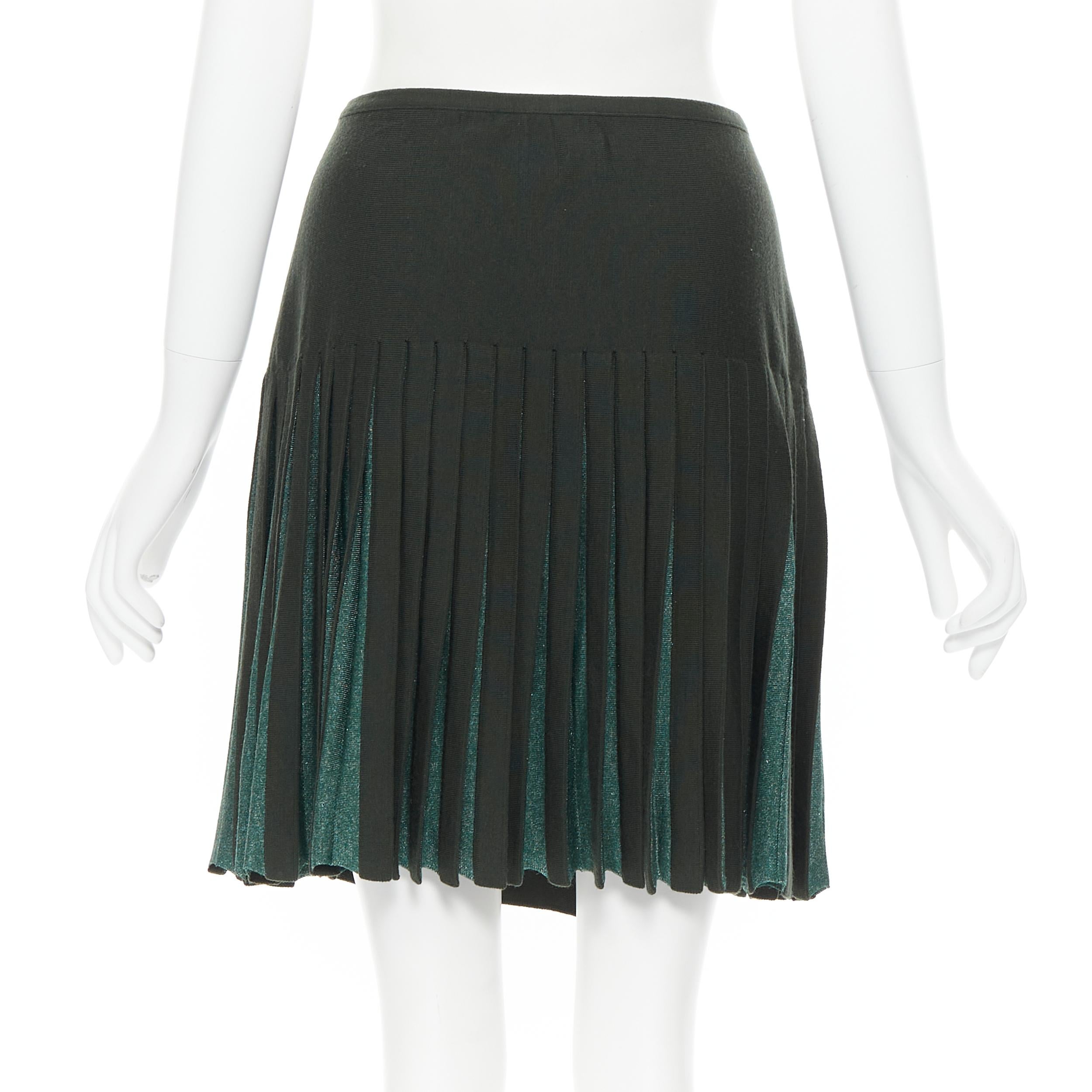 vintage ALAIA dark green wool blend pleated hem wrap flared skirt FR40 M In Excellent Condition For Sale In Hong Kong, NT