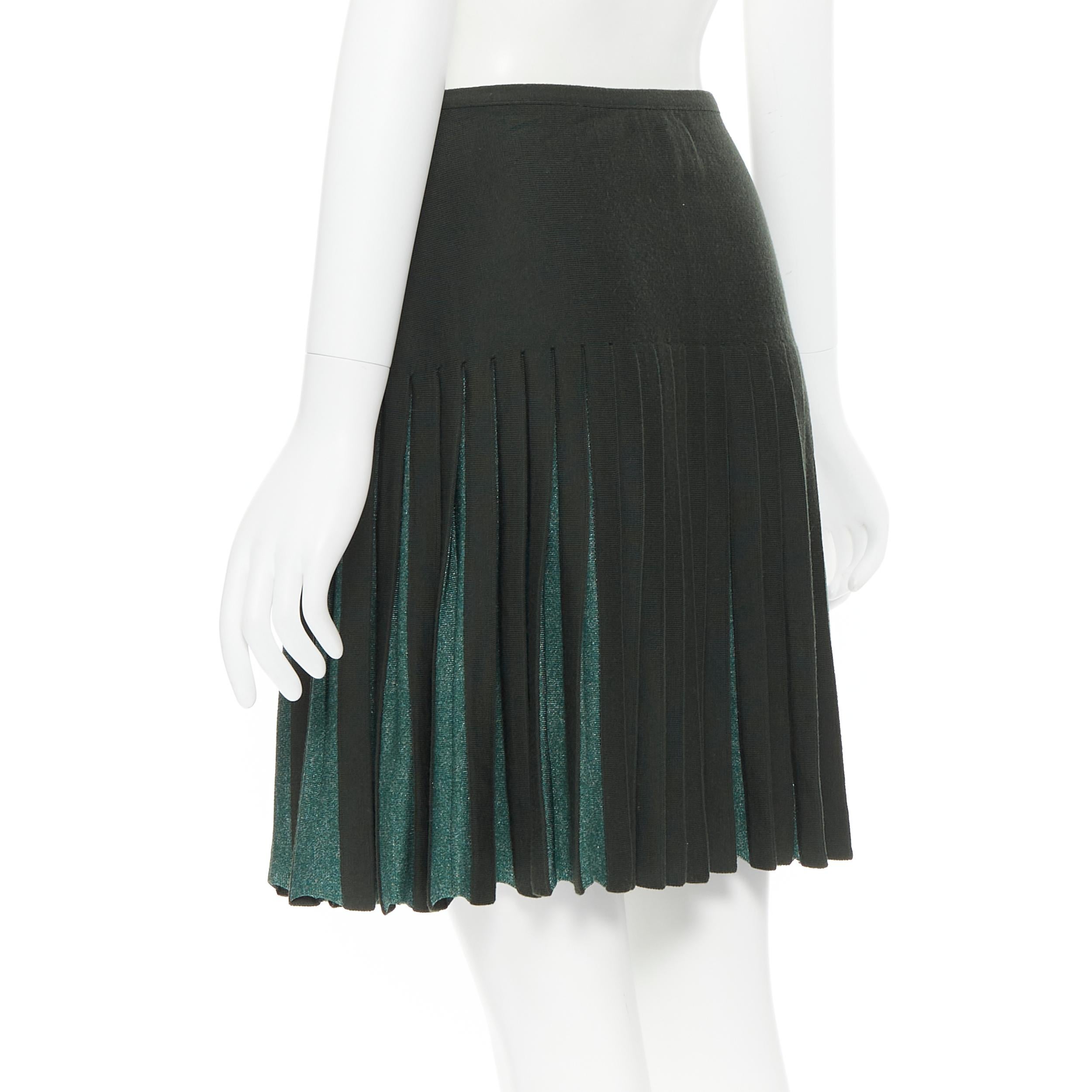 Women's vintage ALAIA dark green wool blend pleated hem wrap flared skirt FR40 M For Sale