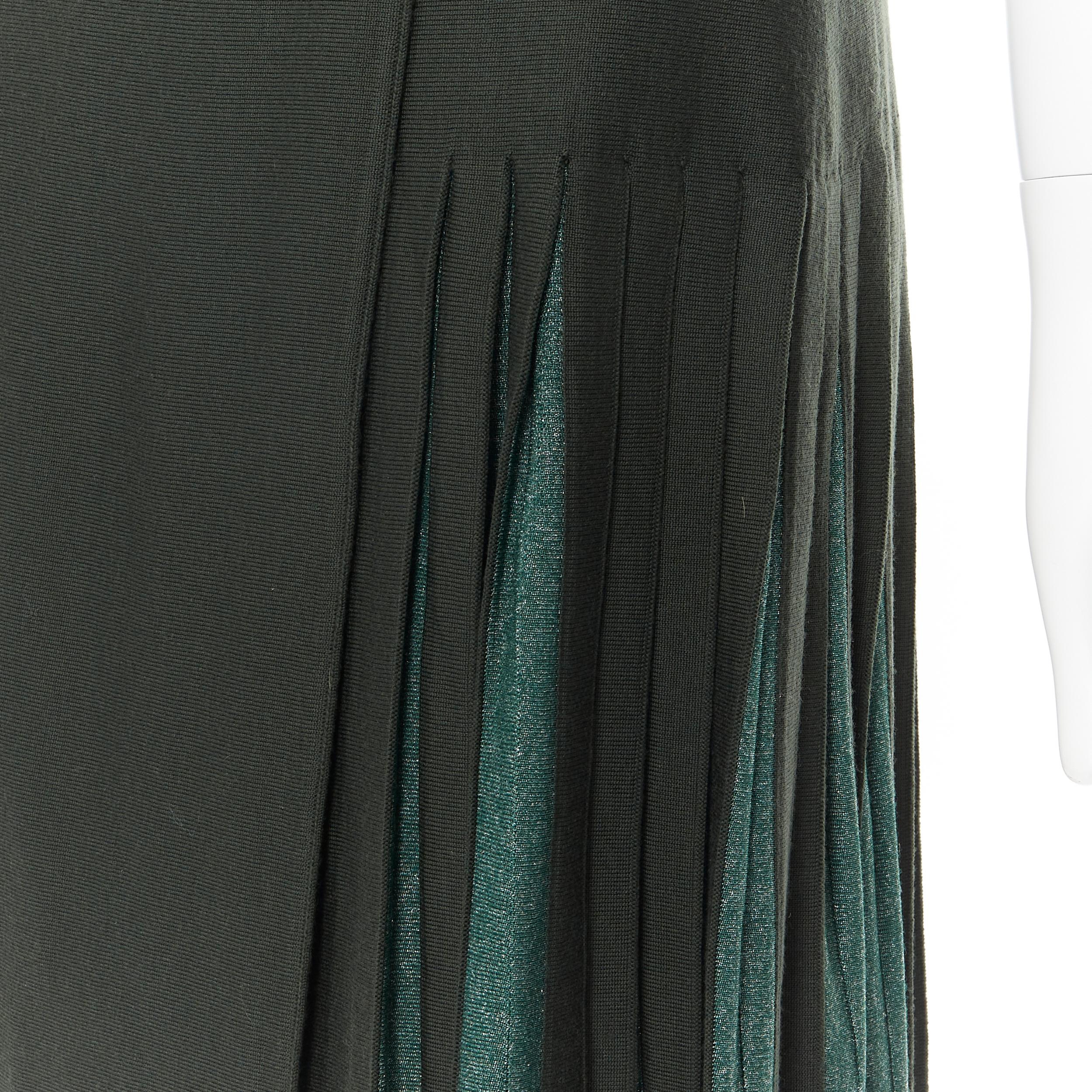 vintage ALAIA dark green wool blend pleated hem wrap flared skirt FR40 M For Sale 2