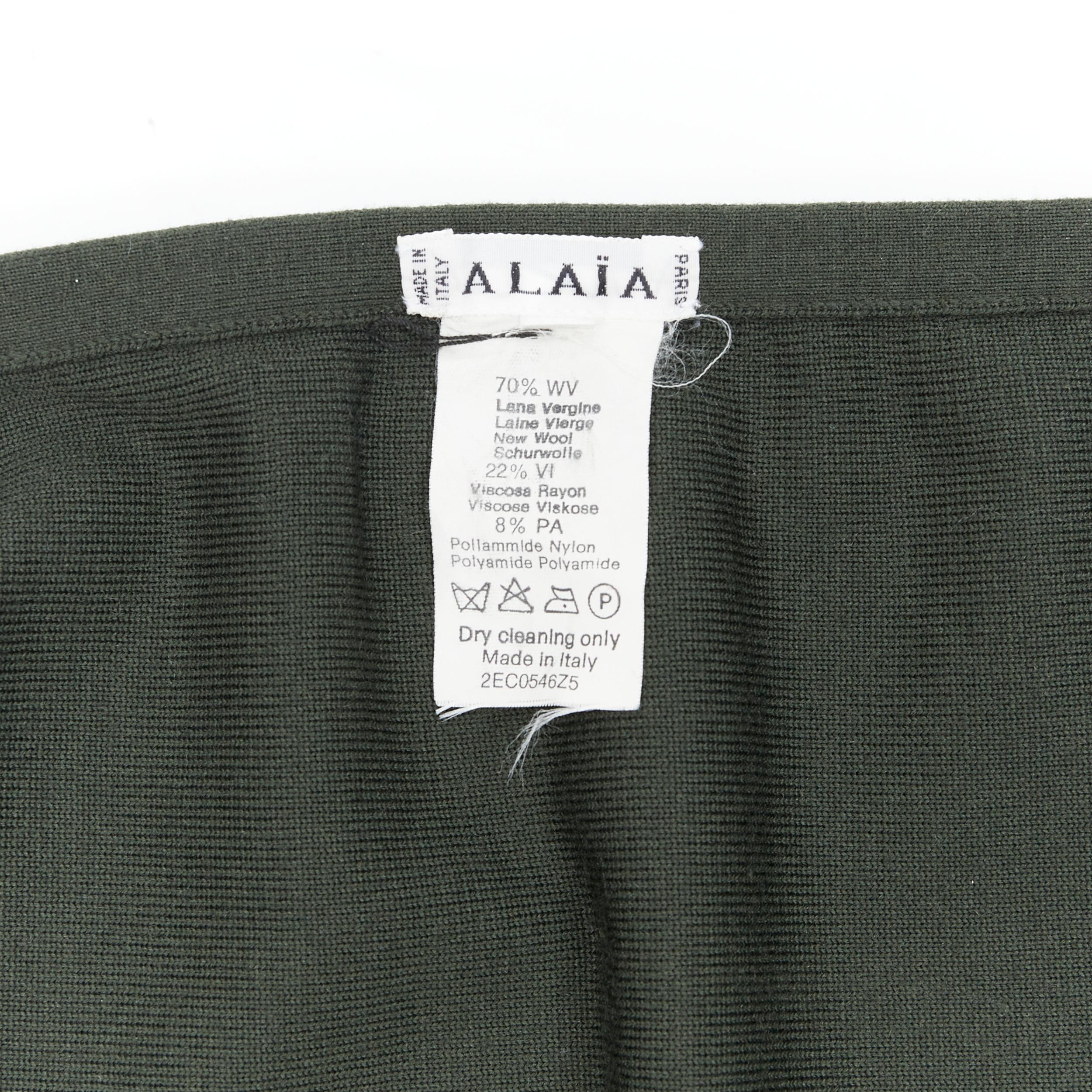 vintage ALAIA dark green wool blend pleated hem wrap flared skirt FR40 M For Sale 3