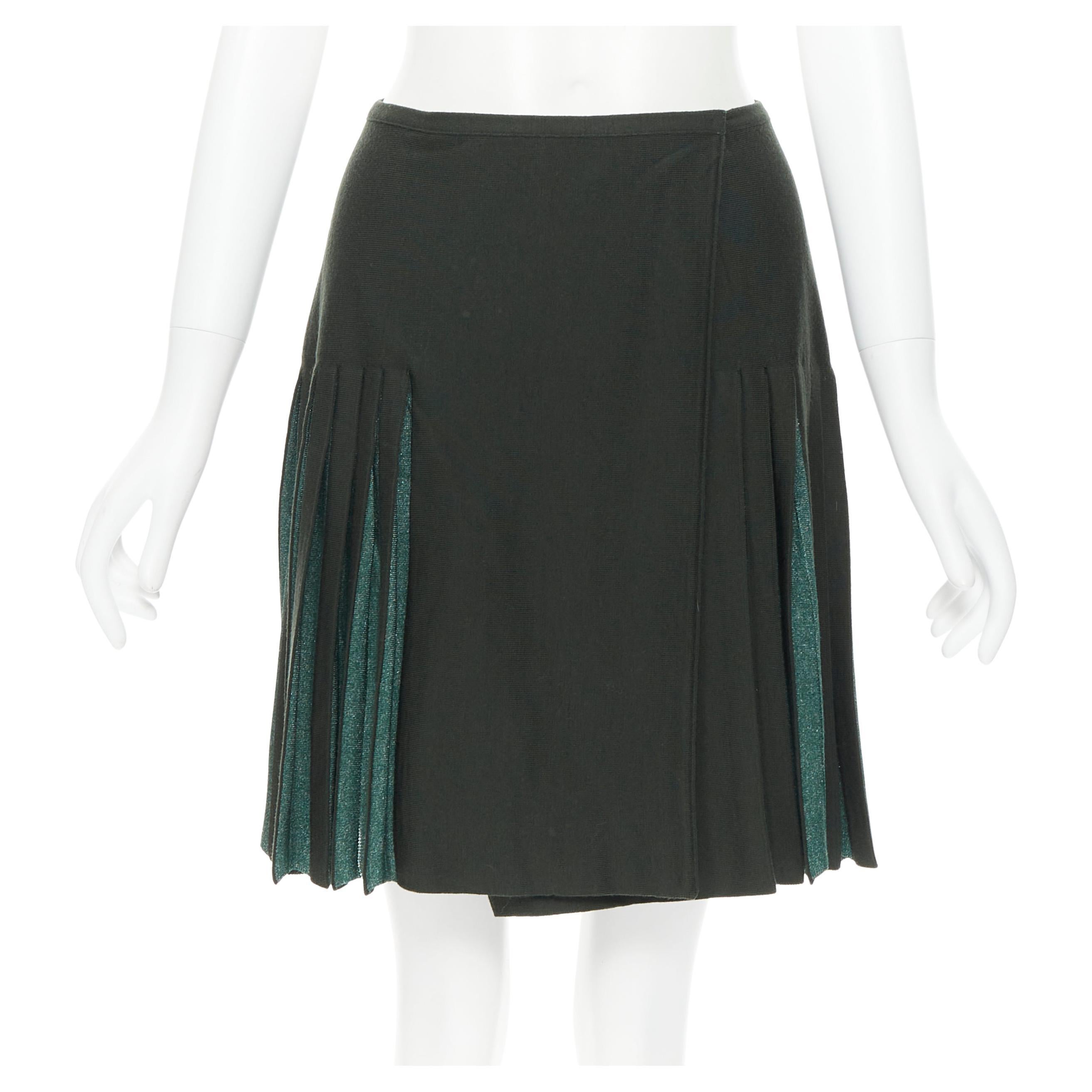 vintage ALAIA dark green wool blend pleated hem wrap flared skirt FR40 M For Sale