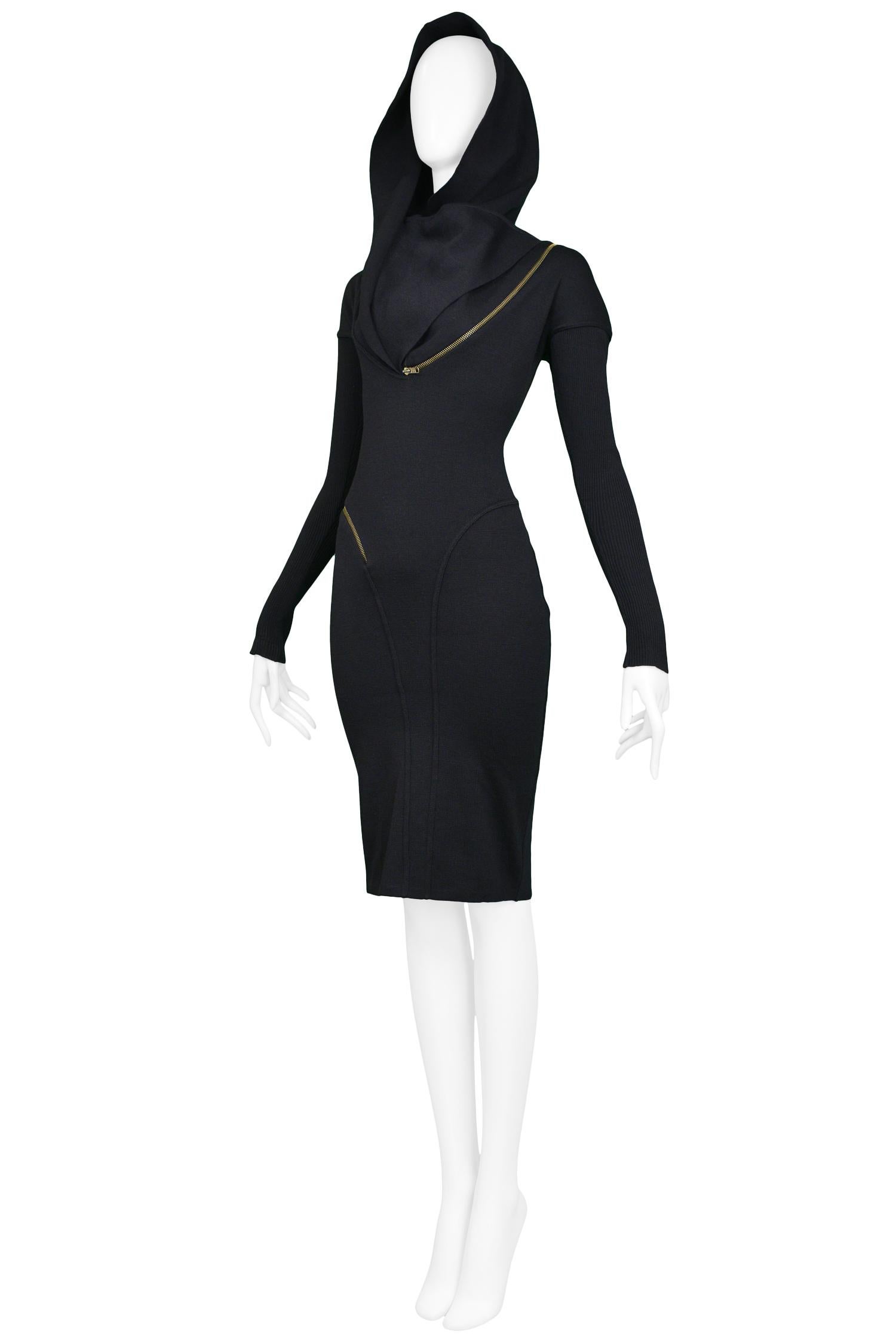 Women's or Men's Vintage Alaia Iconic Black Hooded Zipper Dress 1986
