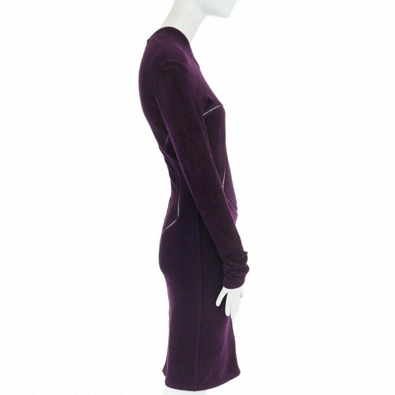 Women's vintage ALAIA purple chenille ladder seams bodycon stretch dress XS US2 UK8