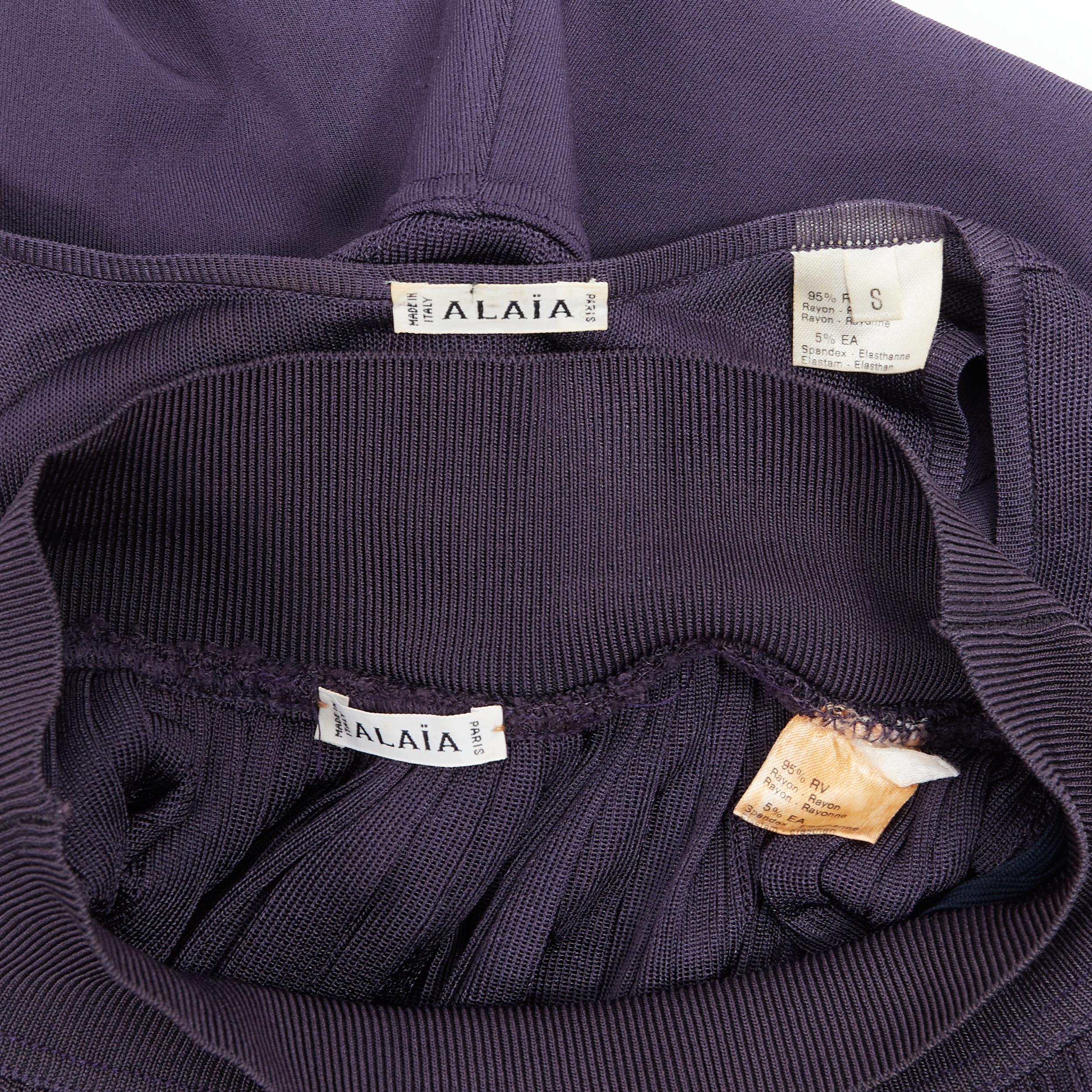 vintage ALAIA purple lattice seam bodysuit pleated flares skirt S For Sale 4