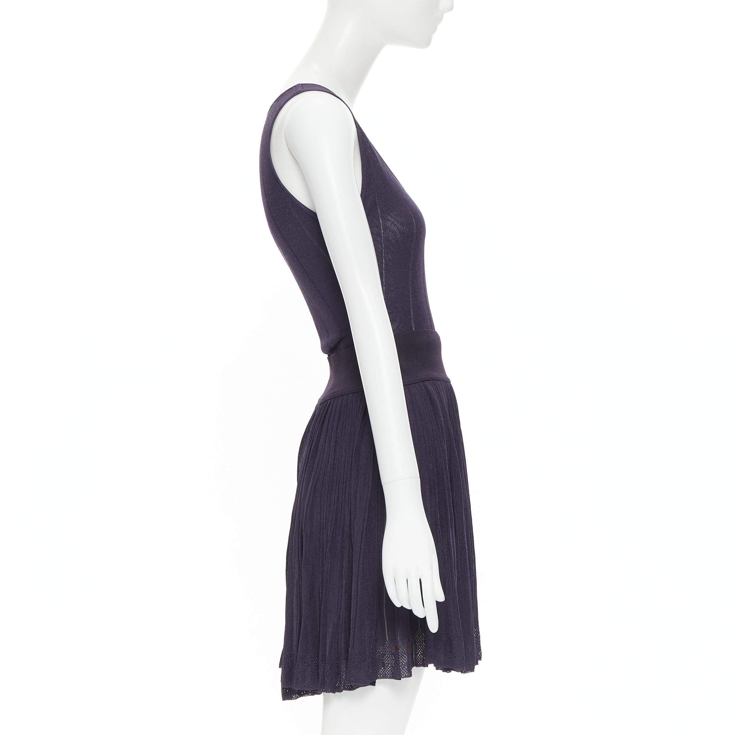 Black vintage ALAIA purple lattice seam bodysuit pleated flares skirt S For Sale
