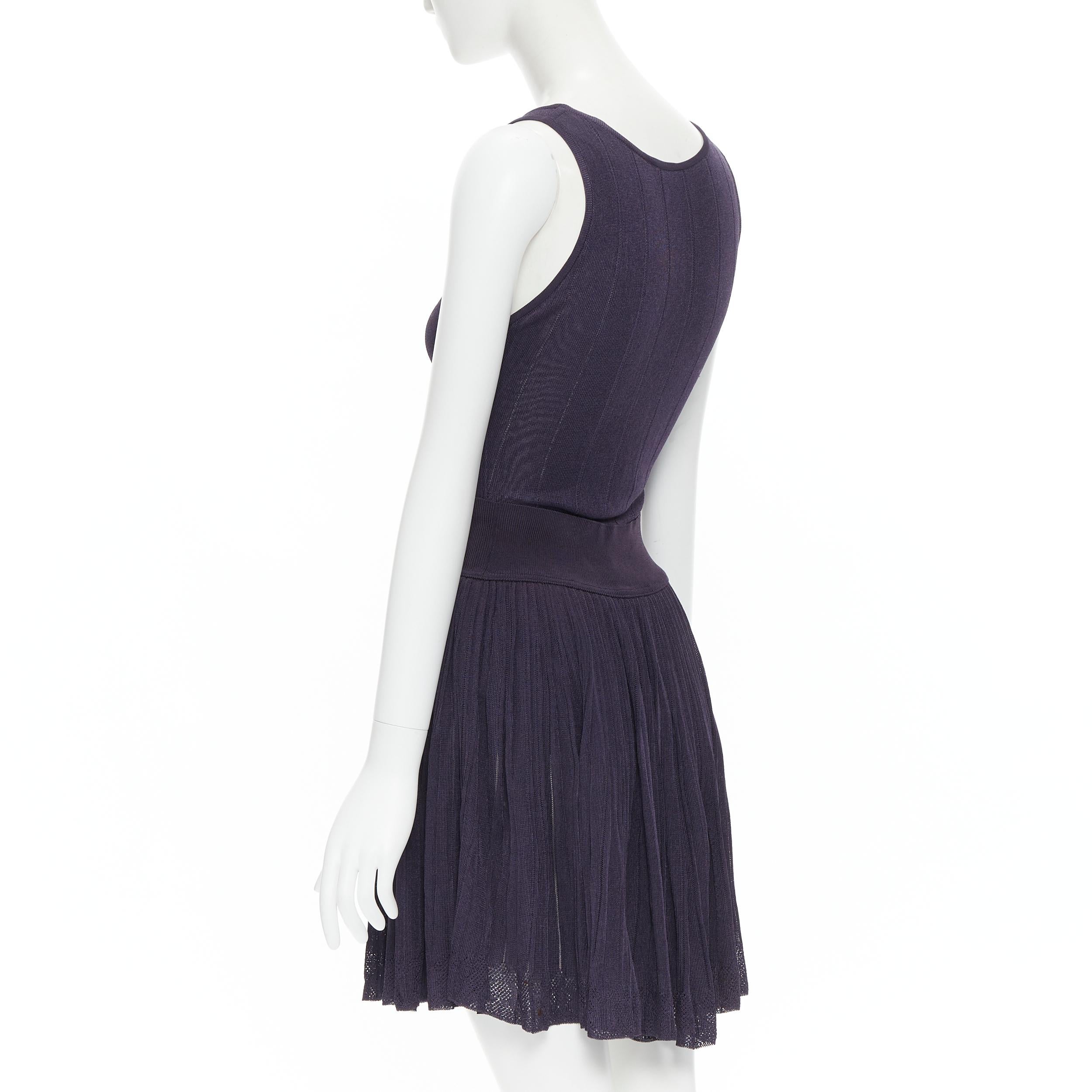 Women's vintage ALAIA purple lattice seam bodysuit pleated flares skirt S For Sale