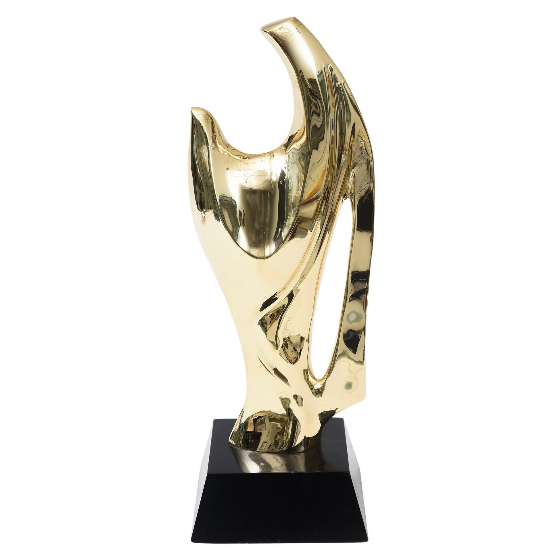 Vintage Alain Chervet Modernist Brass Abstract Sculpture, Black Wood Base French