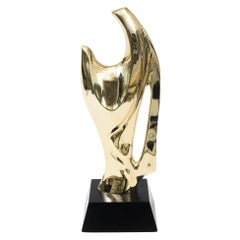 Vintage Alain Chervet Escultura Modernista Abstracta de Latón, Base de Madera Negra Francesa