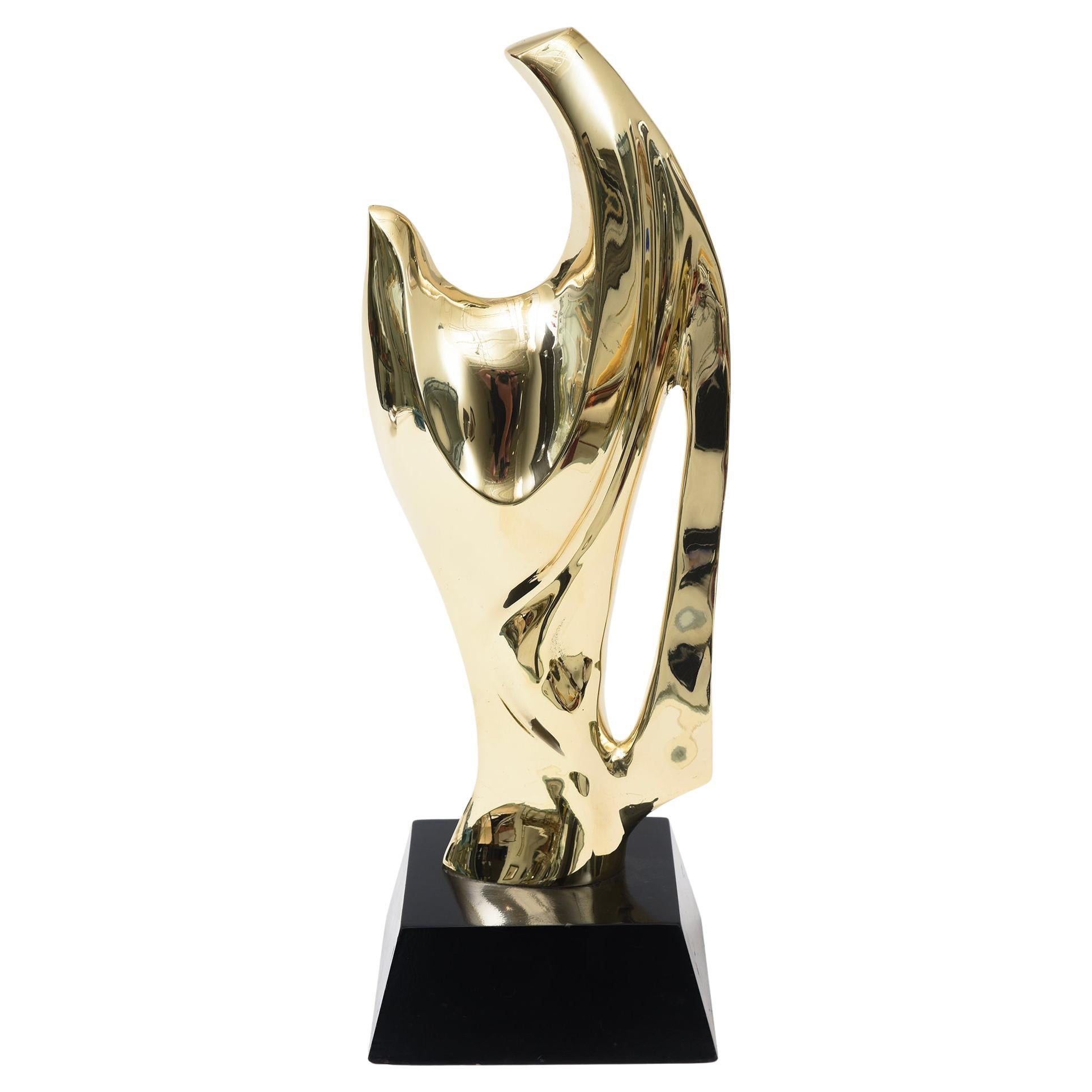 Vintage Alain Chervet Modernist Brass Abstract Sculpture, Black Wood Base French