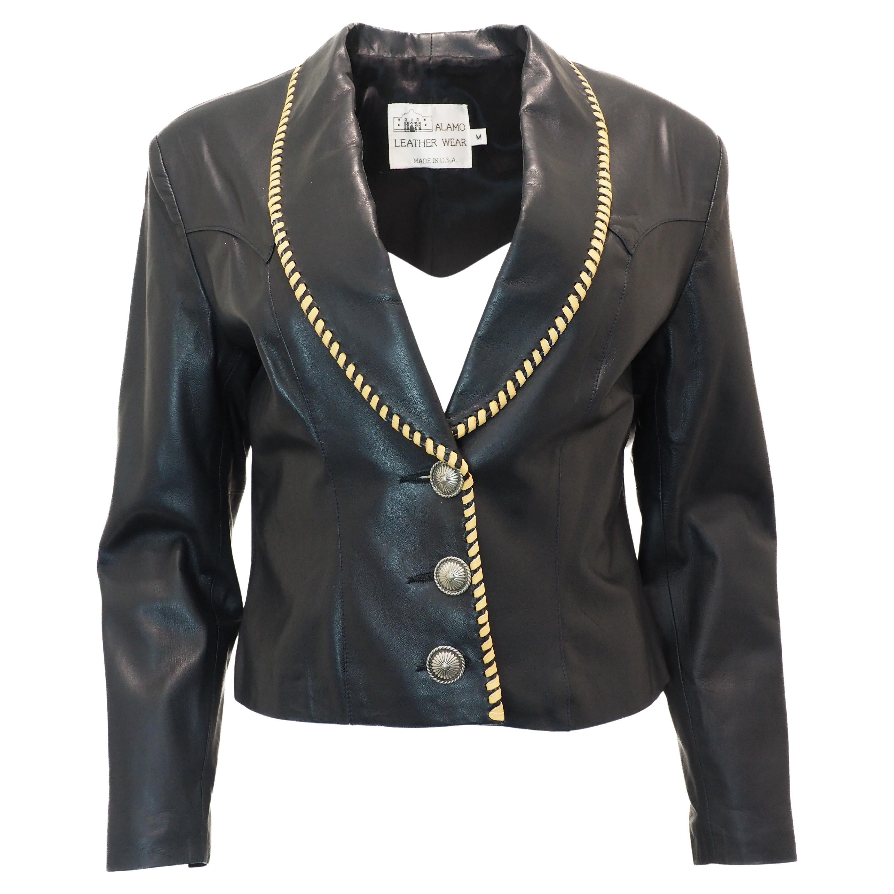 Chaqueta abotonada Vintage Alamo de cuero negro con pespuntes beige en venta