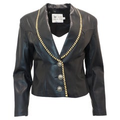 Giacca Alamo vintage in pelle nera con cuciture beige